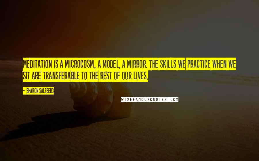 Sharon Salzberg quotes: Meditation is a microcosm, a model, a mirror. The skills we practice when we sit are transferable to the rest of our lives.