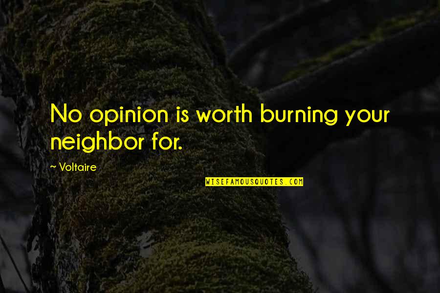 Shaukat Quotes By Voltaire: No opinion is worth burning your neighbor for.