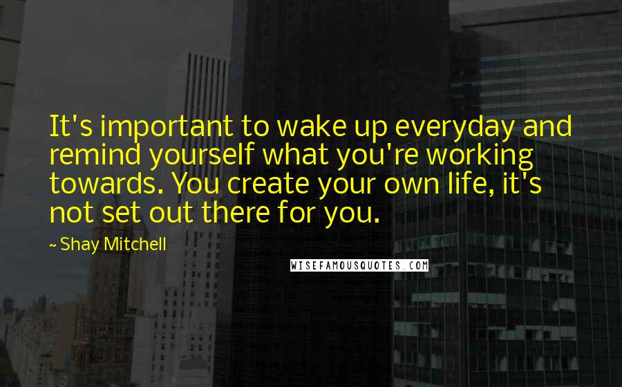 Shay Mitchell quotes: It's important to wake up everyday and remind yourself what you're working towards. You create your own life, it's not set out there for you.