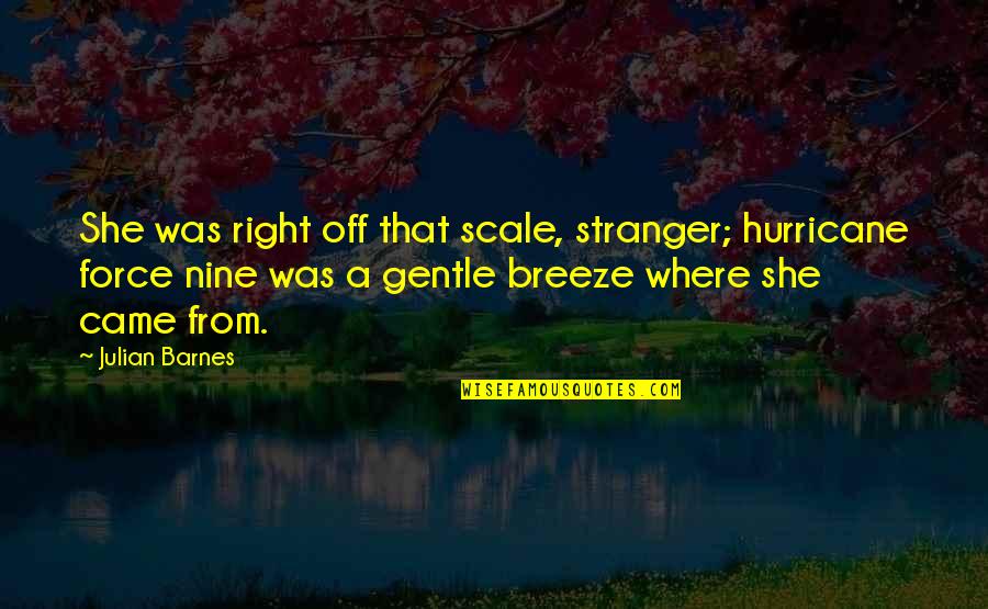She Is Gentle Quotes By Julian Barnes: She was right off that scale, stranger; hurricane She Is Gentle Quotes By Julian Barnes: She was right off that scale, stranger; hurricane