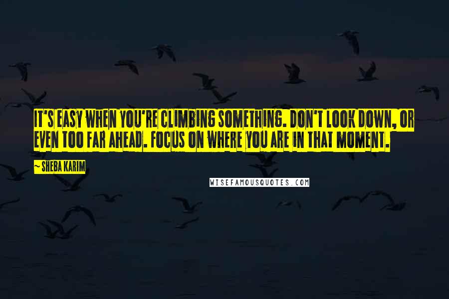 Sheba Karim quotes: It's easy when you're climbing something. Don't look down, or even too far ahead. Focus on where you are in that moment.