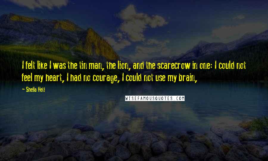 Sheila Heti quotes: I felt like I was the tin man, the lion, and the scarecrow in one: I could not feel my heart, I had no courage, I could not use my