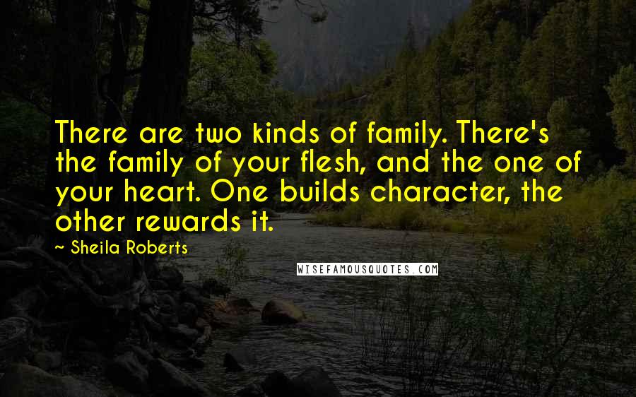 Sheila Roberts quotes: There are two kinds of family. There's the family of your flesh, and the one of your heart. One builds character, the other rewards it. Sheila Roberts quotes: There are two kinds of family. There's the family of your flesh, and the one of your heart. One builds character, the other rewards it.