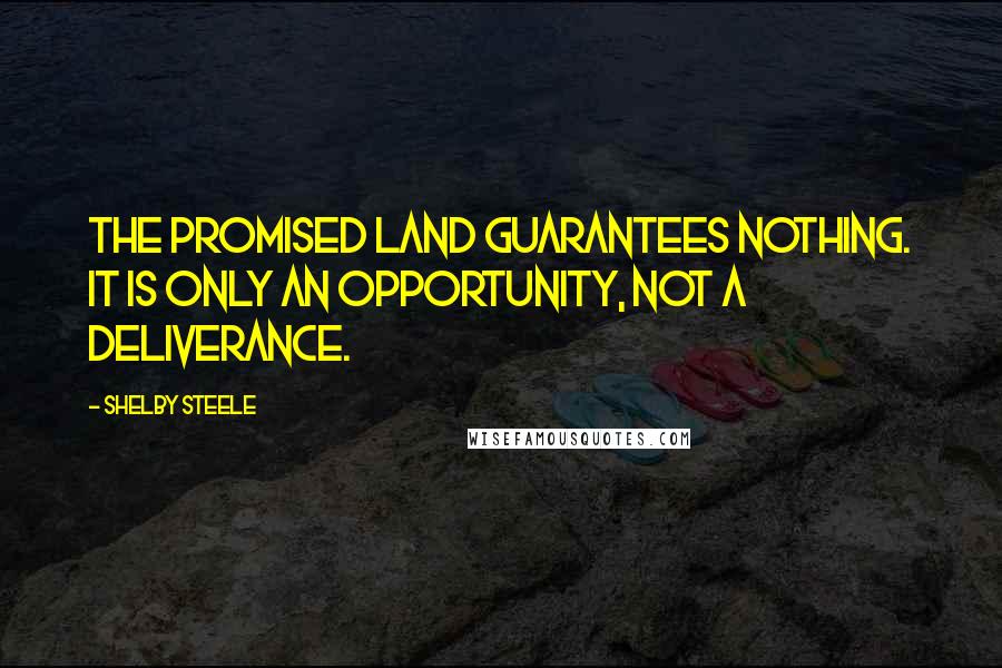 Shelby Steele quotes: The promised land guarantees nothing. It is only an opportunity, not a deliverance.