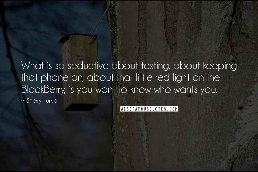 Sherry Turkle quotes: What is so seductive about texting, about keeping that phone on, about that little red light on the BlackBerry, is you want to know who wants you.