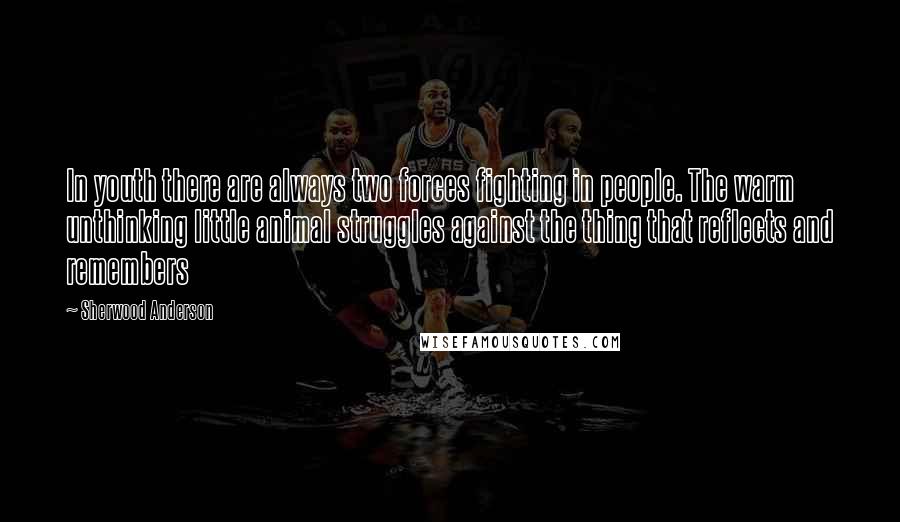 Sherwood Anderson quotes: In youth there are always two forces fighting in people. The warm unthinking little animal struggles against the thing that reflects and remembers