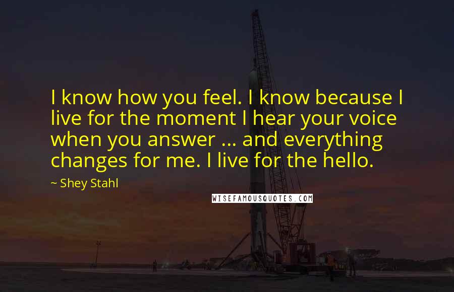 Shey Stahl quotes: I know how you feel. I know because I live for the moment I hear your voice when you answer ... and everything changes for me. I live for the