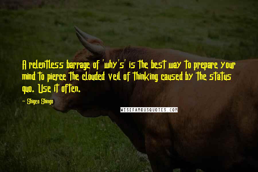 Shigeo Shingo quotes: A relentless barrage of 'why's' is the best way to prepare your mind to pierce the clouded veil of thinking caused by the status quo. Use it often.