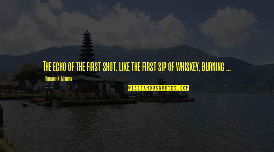 Shot Of Whiskey Quotes By Richard K. Morgan: The echo of the first shot, like the