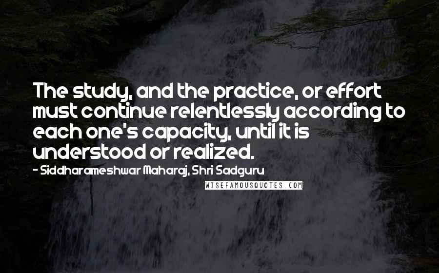 Siddharameshwar Maharaj, Shri Sadguru quotes: The study, and the practice, or effort must continue relentlessly according to each one's capacity, until it is understood or realized.