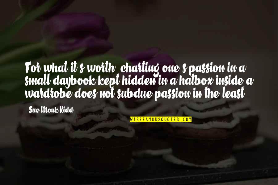 Siedziec Quotes By Sue Monk Kidd: For what it's worth, charting one's passion in