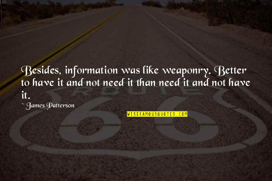 Simmered Quotes By James Patterson: Besides, information was like weaponry. Better to have Simmered Quotes By James Patterson: Besides, information was like weaponry. Better to have