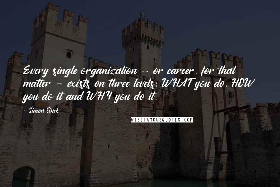 Simon Sinek quotes: Every single organization - or career, for that matter - exists on three levels: WHAT you do, HOW you do it and WHY you do it. Simon Sinek quotes: Every single organization - or career, for that matter - exists on three levels: WHAT you do, HOW you do it and WHY you do it.