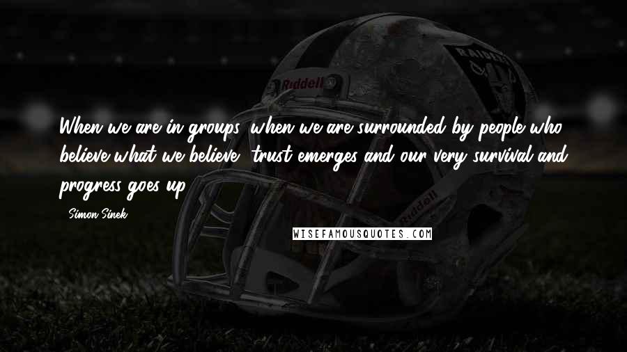 Simon Sinek quotes: When we are in groups, when we are surrounded by people who believe what we believe, trust emerges and our very survival and progress goes up.