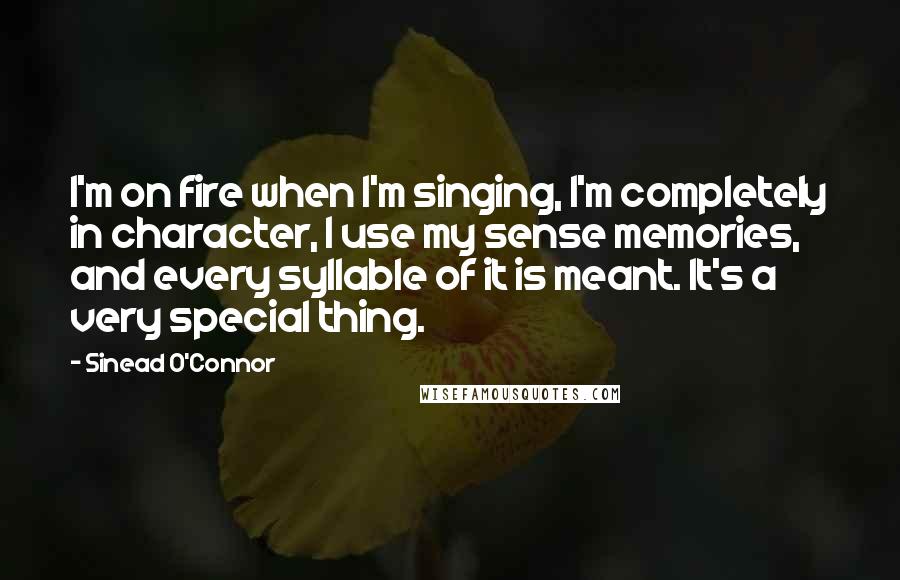 Sinead O'Connor quotes: I'm on fire when I'm singing, I'm completely in character, I use my sense memories, and every syllable of it is meant. It's a very special thing.