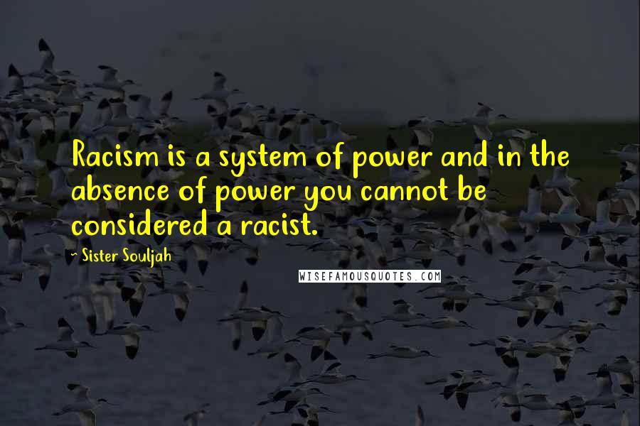 Sister Souljah quotes: Racism is a system of power and in the absence of power you cannot be considered a racist.