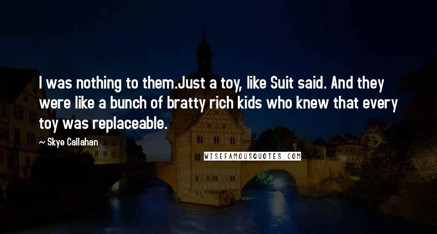 Skye Callahan quotes: I was nothing to them.Just a toy, like Suit said. And they were like a bunch of bratty rich kids who knew that every toy was replaceable.