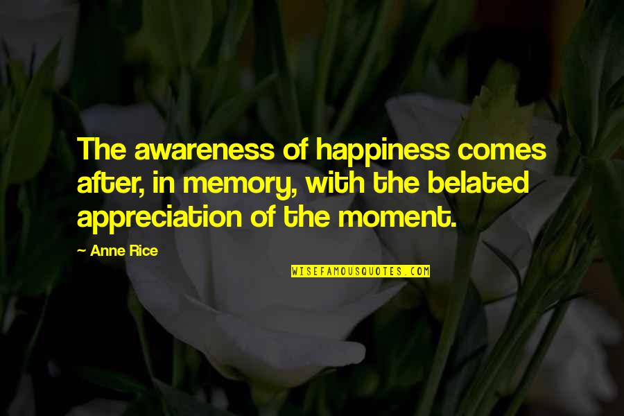 Sleeping Gods Quotes By Anne Rice: The awareness of happiness comes after, in memory,