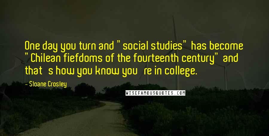 Sloane Crosley quotes: One day you turn and "social studies" has become "Chilean fiefdoms of the fourteenth century" and that's how you know you're in college. Sloane Crosley quotes: One day you turn and "social studies" has become "Chilean fiefdoms of the fourteenth century" and that's how you know you're in college.