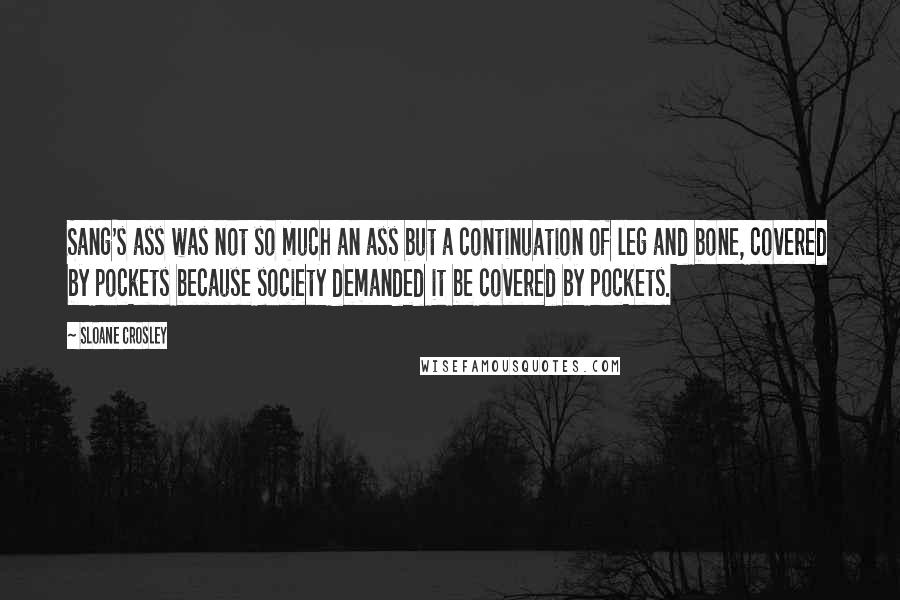 Sloane Crosley quotes: Sang's ass was not so much an ass but a continuation of leg and bone, covered by pockets because society demanded it be covered by pockets. Sloane Crosley quotes: Sang's ass was not so much an ass but a continuation of leg and bone, covered by pockets because society demanded it be covered by pockets.
