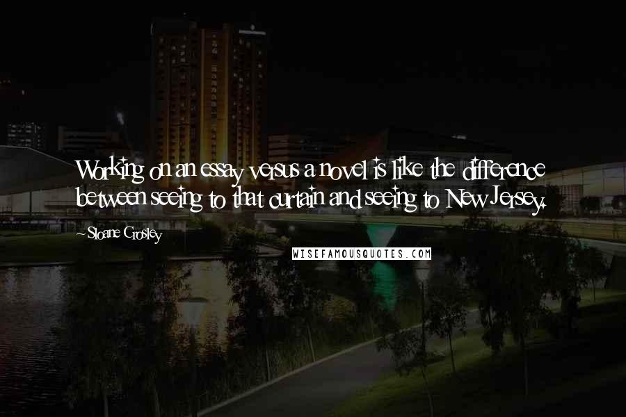 Sloane Crosley quotes: Working on an essay versus a novel is like the difference between seeing to that curtain and seeing to New Jersey. Sloane Crosley quotes: Working on an essay versus a novel is like the difference between seeing to that curtain and seeing to New Jersey.