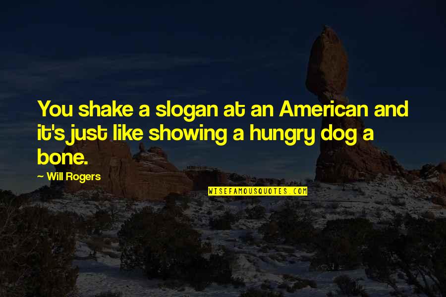 Slogan Quotes By Will Rogers: You shake a slogan at an American and