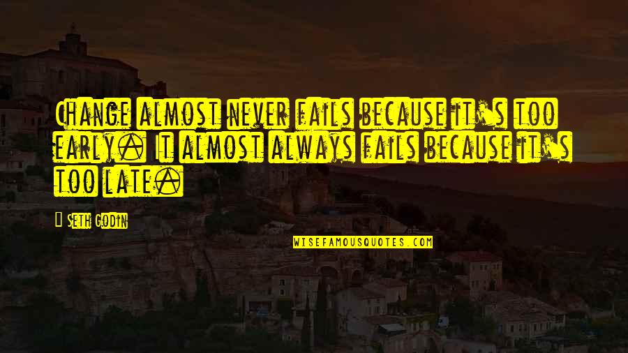 Snits Quotes By Seth Godin: Change almost never fails because it's too early. Snits Quotes By Seth Godin: Change almost never fails because it's too early.