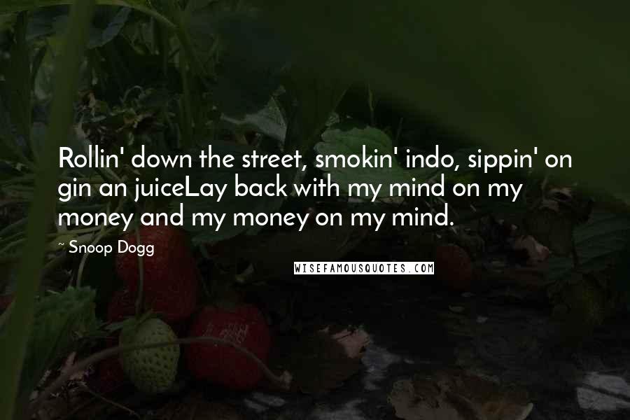 Snoop Dogg quotes: Rollin' down the street, smokin' indo, sippin' on gin an juiceLay back with my mind on my money and my money on my mind.