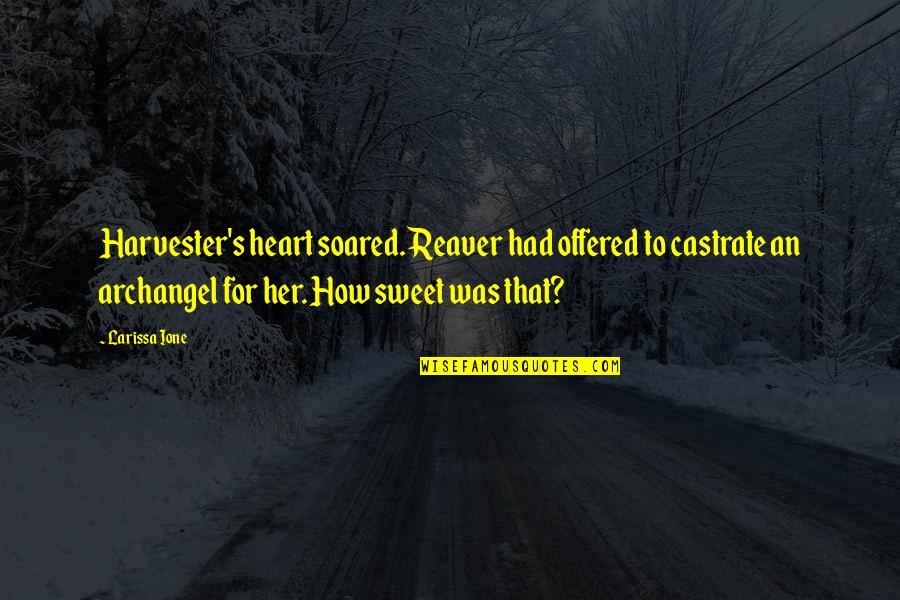 Soared Quotes By Larissa Ione: Harvester's heart soared. Reaver had offered to castrate
