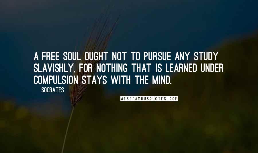 Socrates quotes: A free soul ought not to pursue any study slavishly, for nothing that is learned under compulsion stays with the mind. Socrates quotes: A free soul ought not to pursue any study slavishly, for nothing that is learned under compulsion stays with the mind.