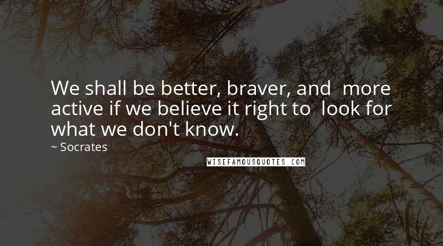 Socrates quotes: We shall be better, braver, and more active if we believe it right to look for what we don't know.