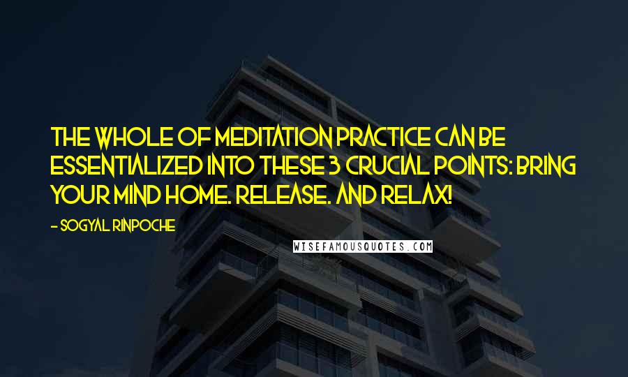 Sogyal Rinpoche quotes: The whole of meditation practice can be essentialized into these 3 crucial points: Bring your mind home. Release. And relax!