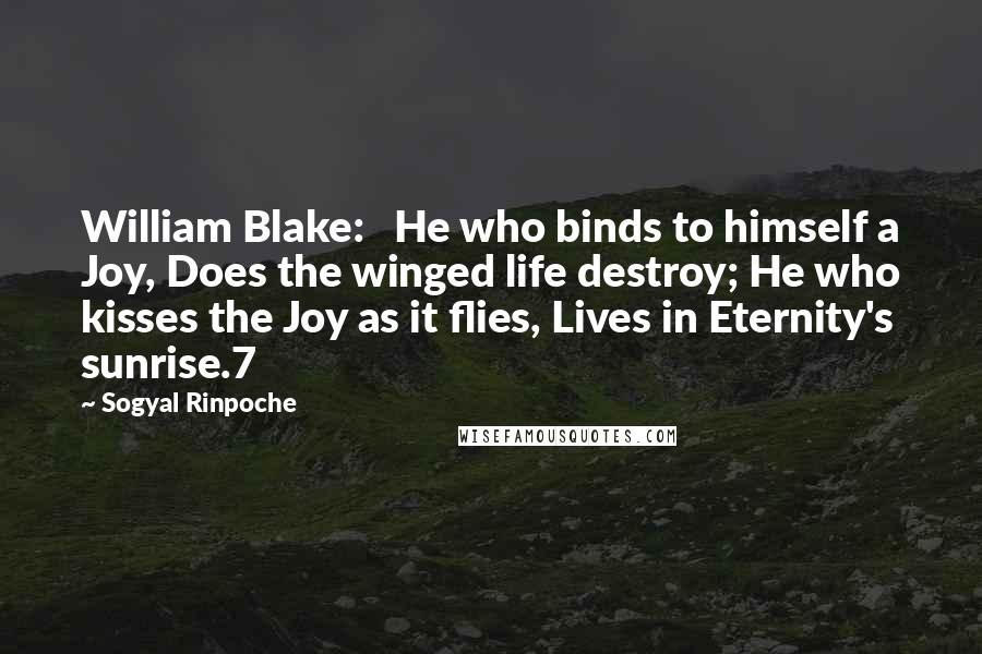 Sogyal Rinpoche quotes: William Blake: He who binds to himself a Joy, Does the winged life destroy; He who kisses the Joy as it flies, Lives in Eternity's sunrise.7 Sogyal Rinpoche quotes: William Blake: He who binds to himself a Joy, Does the winged life destroy; He who kisses the Joy as it flies, Lives in Eternity's sunrise.7
