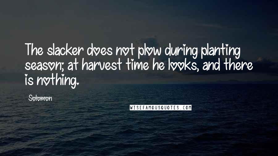 Solomon quotes: The slacker does not plow during planting season; at harvest time he looks, and there is nothing.