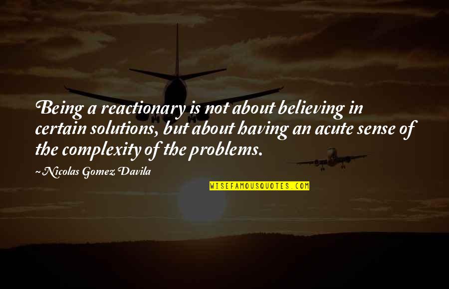 Solutions Not Problems Quotes By Nicolas Gomez Davila: Being a reactionary is not about believing in