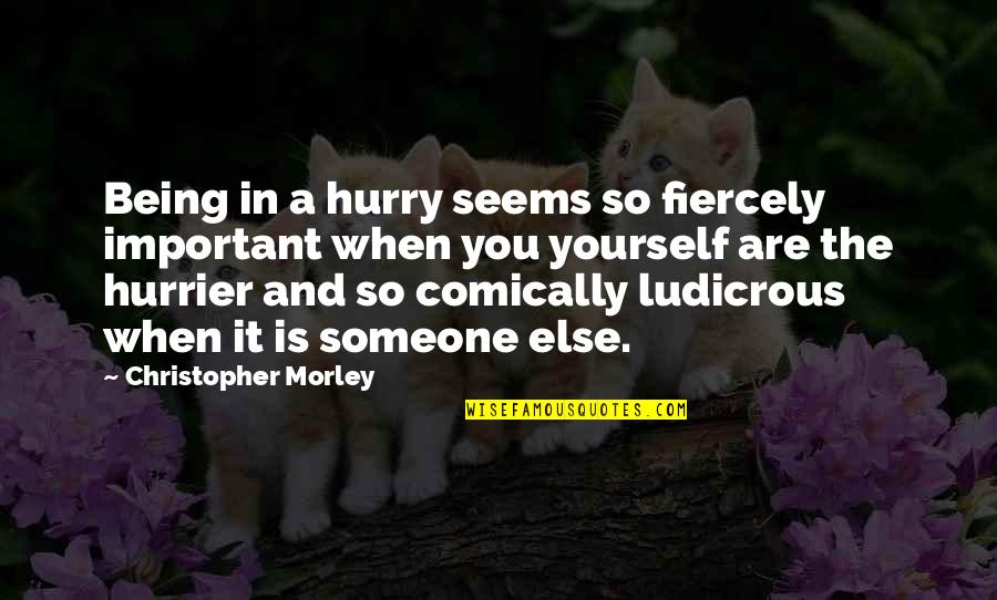 Someone Being Important Quotes By Christopher Morley: Being in a hurry seems so fiercely important