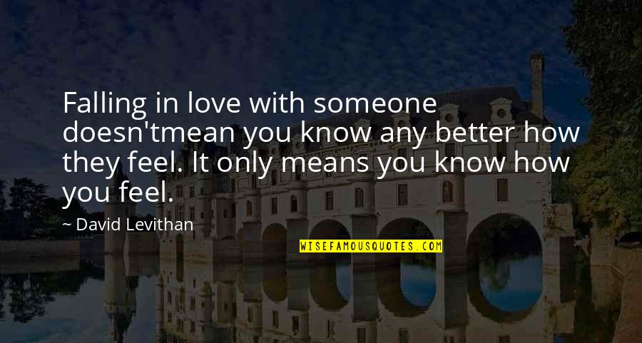 Someone To Feel Better Quotes By David Levithan: Falling in love with someone doesn'tmean you know Someone To Feel Better Quotes By David Levithan: Falling in love with someone doesn'tmean you know