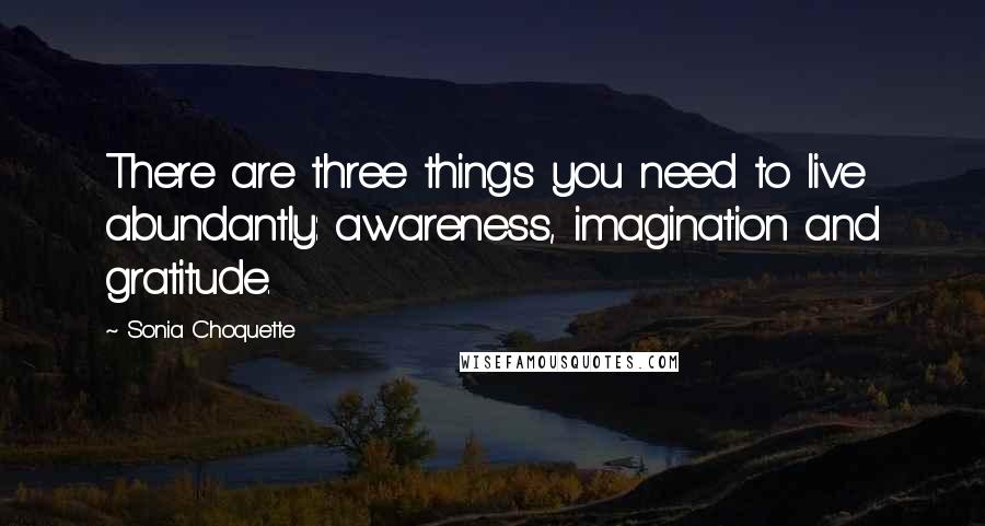 Sonia Choquette quotes: There are three things you need to live abundantly: awareness, imagination and gratitude.