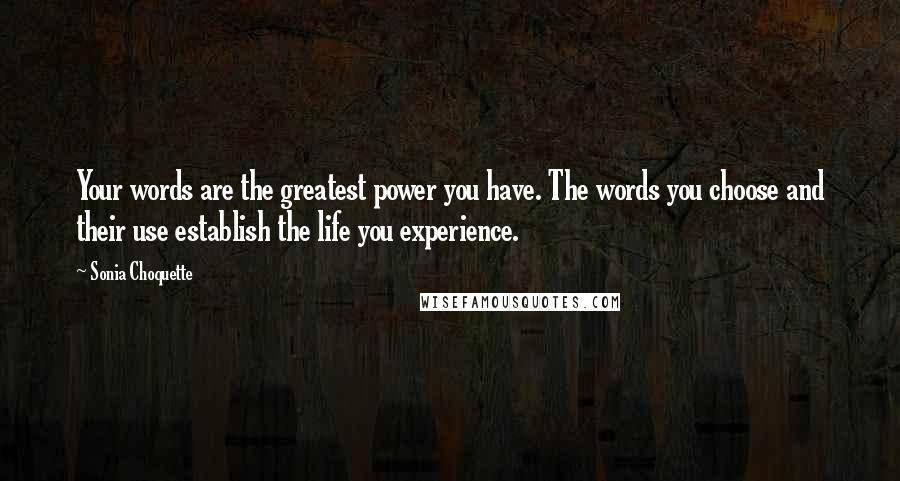 Sonia Choquette quotes: Your words are the greatest power you have. The words you choose and their use establish the life you experience.