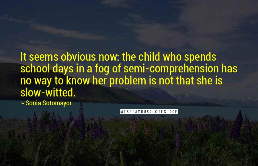 Sonia Sotomayor quotes: It seems obvious now: the child who spends school days in a fog of semi-comprehension has no way to know her problem is not that she is slow-witted.