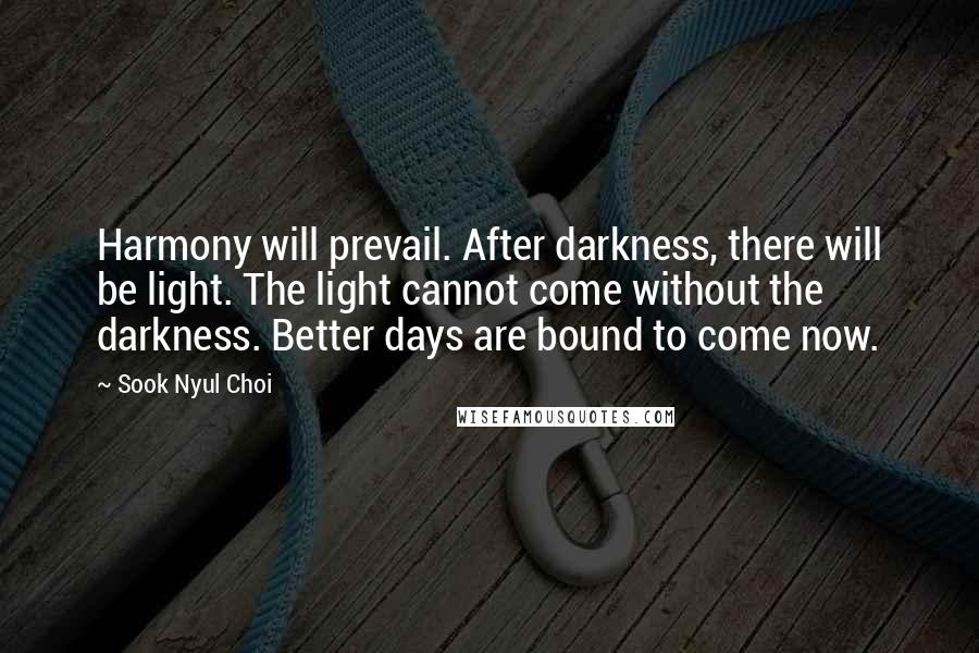 Sook Nyul Choi quotes: Harmony will prevail. After darkness, there will be light. The light cannot come without the darkness. Better days are bound to come now.