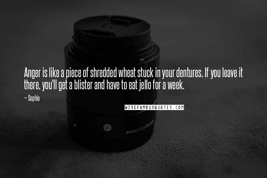 Sophia quotes: Anger is like a piece of shredded wheat stuck in your dentures. If you leave it there, you'll get a blister and have to eat jello for a week.