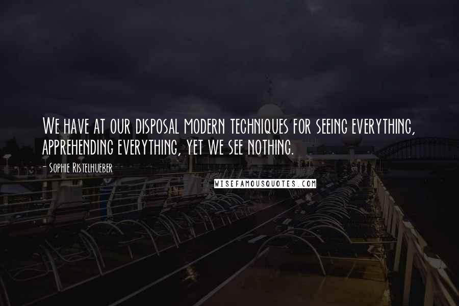 Sophie Ristelhueber quotes: We have at our disposal modern techniques for seeing everything, apprehending everything, yet we see nothing.