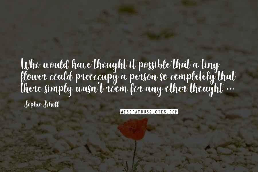 Sophie Scholl quotes: Who would have thought it possible that a tiny flower could preoccupy a person so completely that there simply wasn't room for any other thought ... Sophie Scholl quotes: Who would have thought it possible that a tiny flower could preoccupy a person so completely that there simply wasn't room for any other thought ...