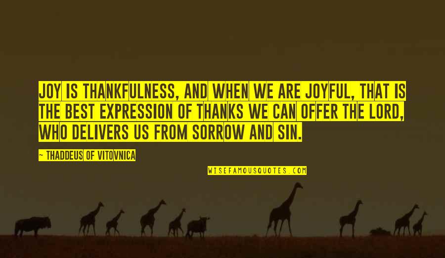 Sorrow And Joy Quotes By Thaddeus Of Vitovnica: Joy is thankfulness, and when we are joyful,