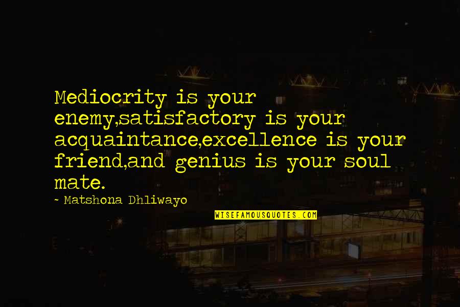 Soul Quotes And Quotes By Matshona Dhliwayo: Mediocrity is your enemy,satisfactory is your acquaintance,excellence is