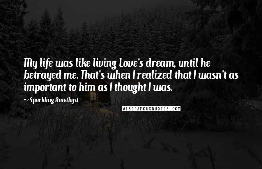 Sparkling Amethyst quotes: My life was like living Love's dream, until he betrayed me. That's when I realized that I wasn't as important to him as I thought I was.