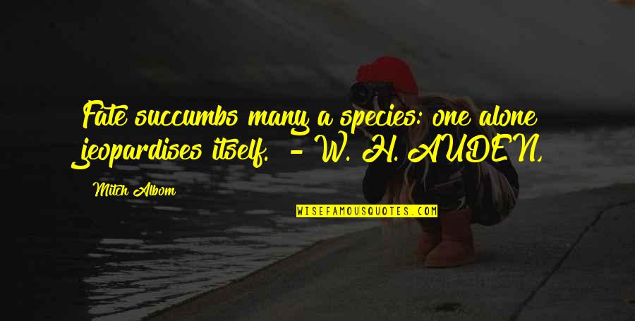 Species Quotes By Mitch Albom: Fate succumbs many a species: one alone jeopardises