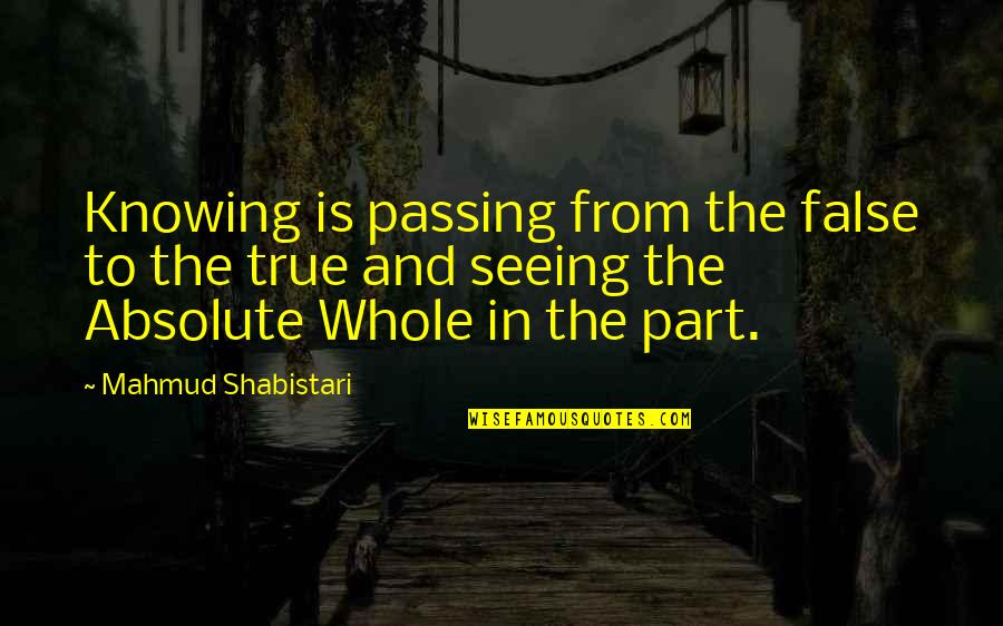 Spicy Life Quotes By Mahmud Shabistari: Knowing is passing from the false to the