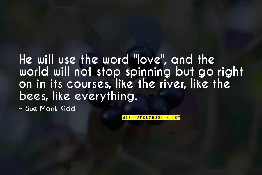Spinning Love Quotes By Sue Monk Kidd: He will use the word "love", and the